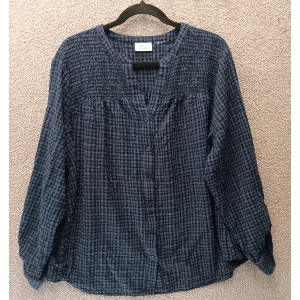 Boho Cottagecore Textured Blouse Blue Check Button Top Women 2X‎
